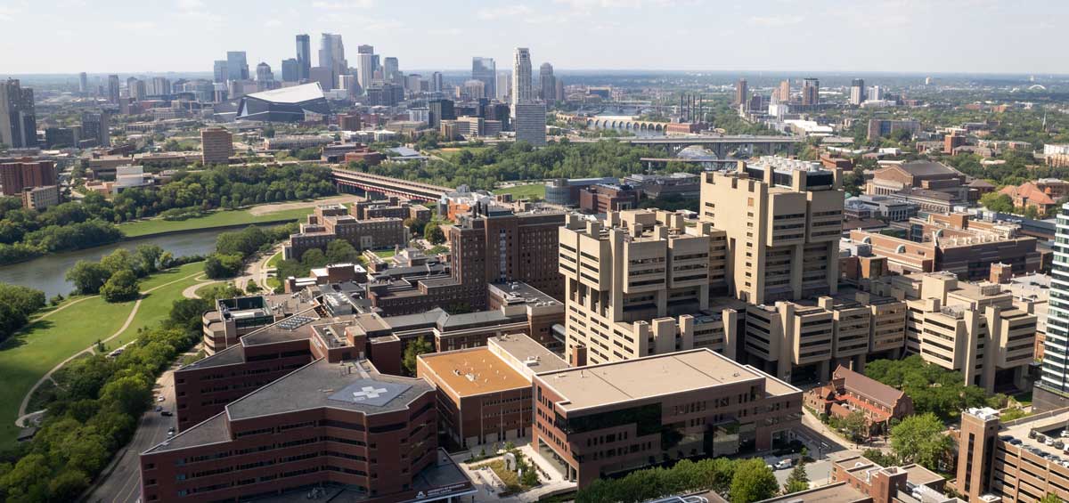 Skyline view of health sciences buildings on campus